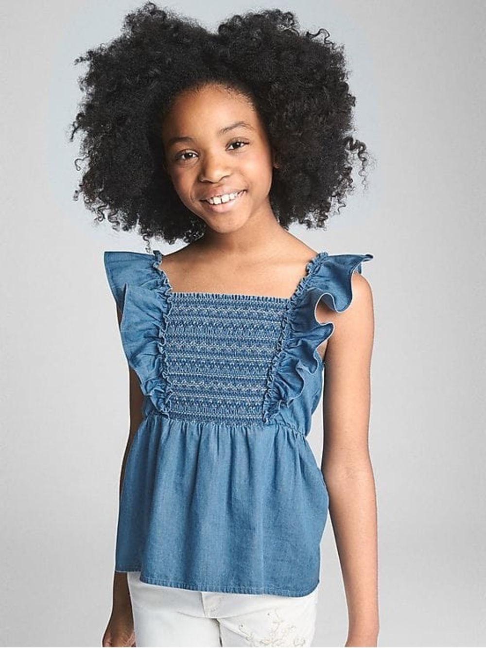 GAP Blue Ruffled Smocked Denim-Look Girls Top